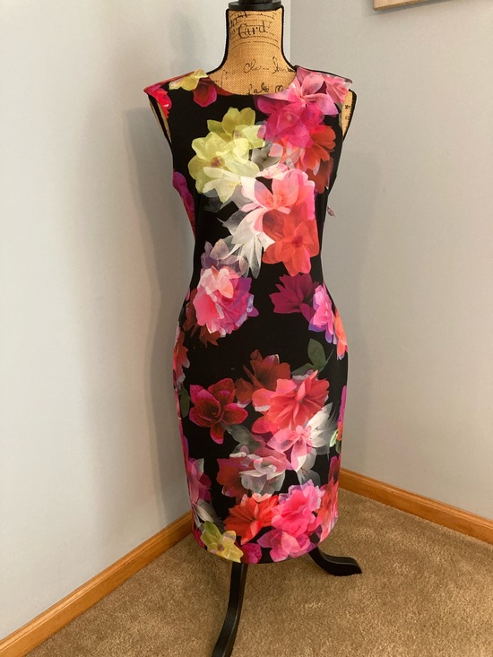 Worthington Dresses & Skirts - Worthington Black Midi Dress with Pink Red Yellow Floral Print Women Sz 8